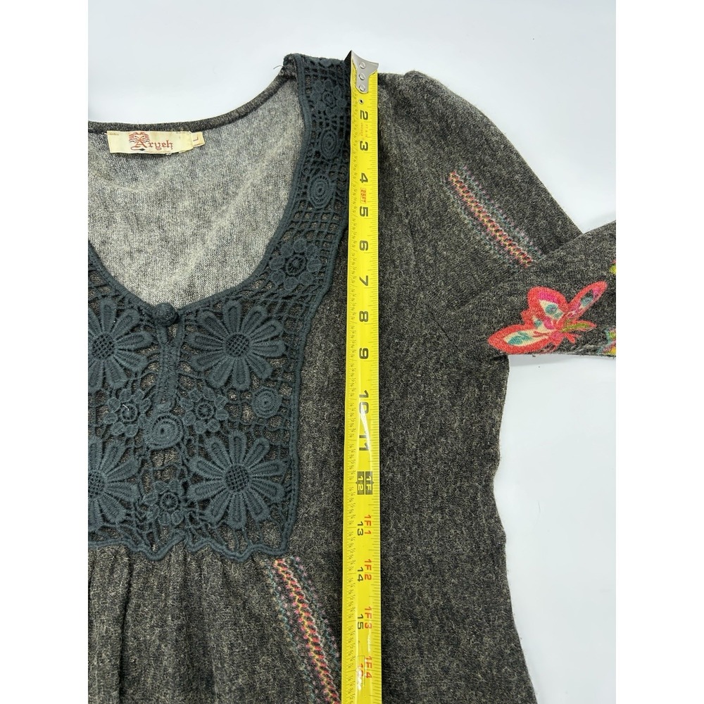 Aryeh Boho Sweater Dress Charcoal Floral Butterfly Embroidered Crochet Lace Sz L - Picture 10 of 12